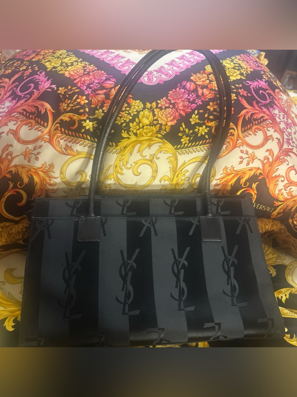 Vintage Yves Saint Laurent Black Satin Monogram Tote (YSL)